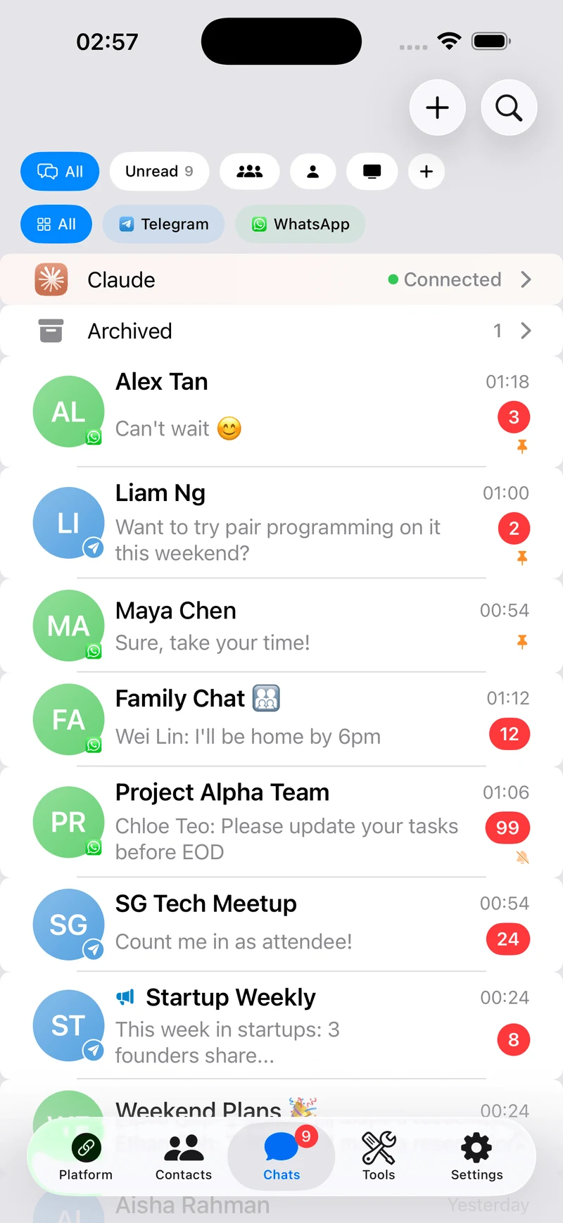 AI Reply Assistant conversation list with recent threads from Telegram, iMessage, and WhatsApp