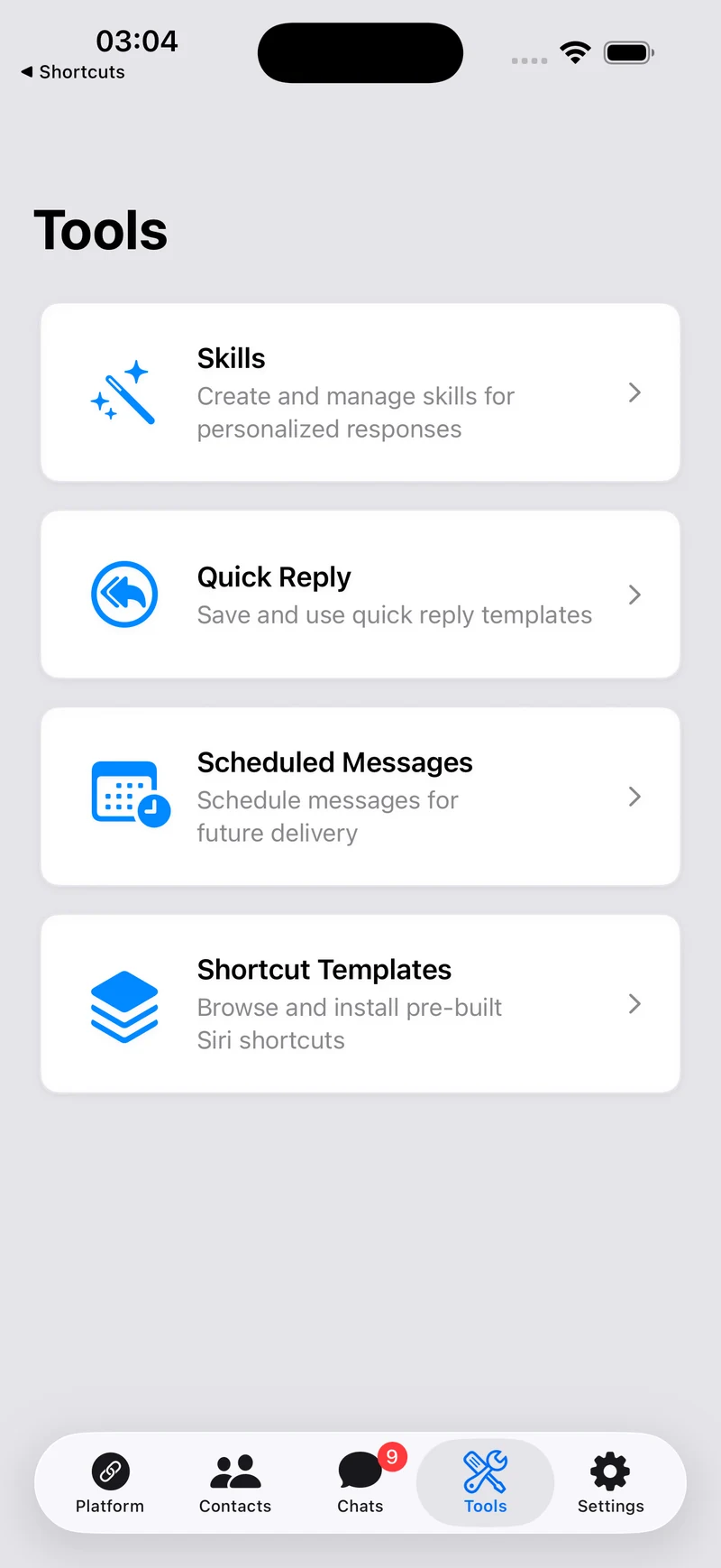AI Reply Assistant tools tab listing connected providers and skills