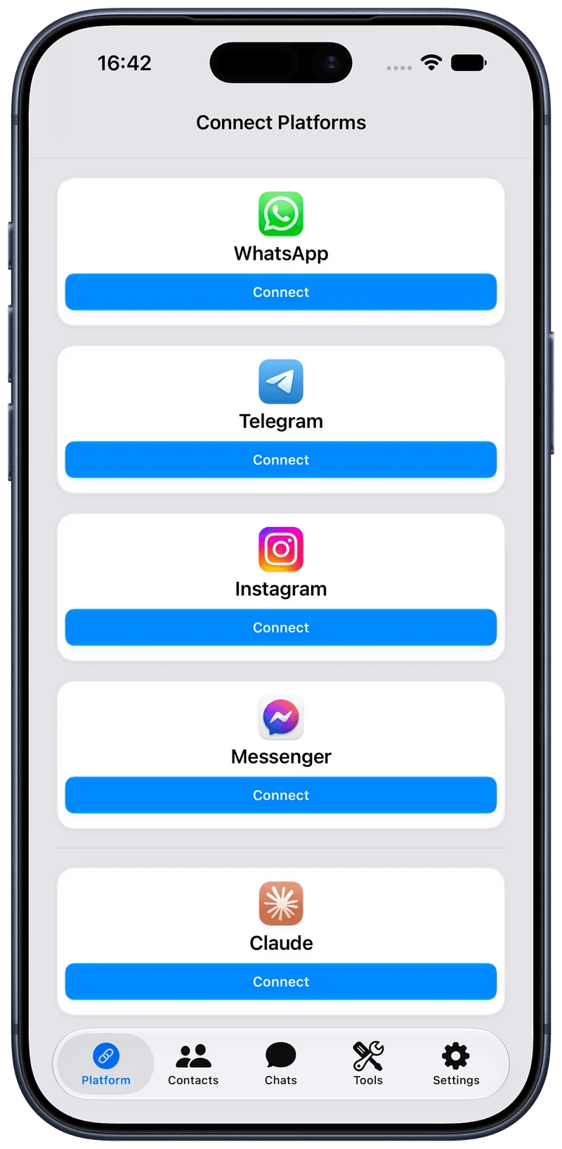 The Connect Platforms screen in AI Reply Assistant, with a card for WhatsApp, Telegram, Instagram, Messenger, and Claude